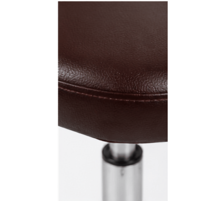 Burgundy stool cushioned round seat and chrome gas-lift, close-up