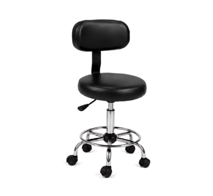 Black adjustable rolling stool with footrest ring and castors, angle view