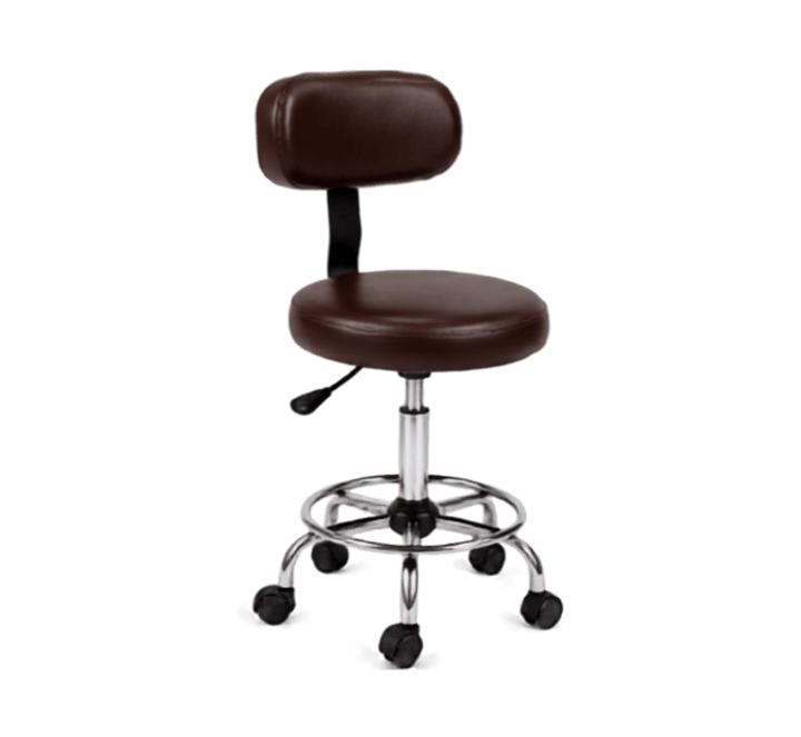 Burgundy adjustable rolling stool with footrest ring and castors, angle view