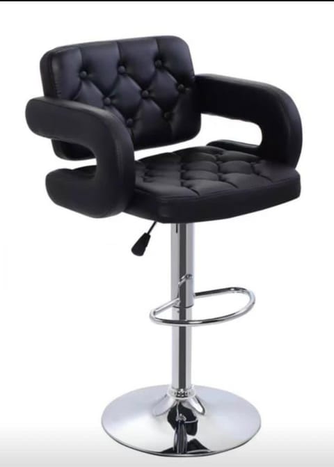 Black Tufted Bar Chair with Arms & Chrome Pedestal