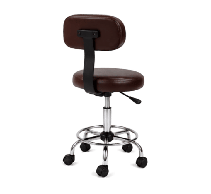 Burgundy adjustable stool with backrest, rear three-quarter view