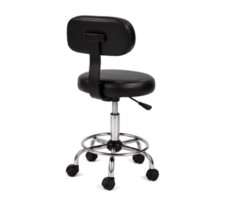 Black adjustable stool with backrest, rear three-quarter view