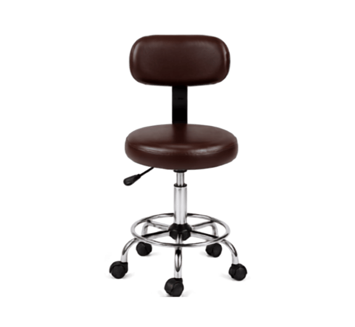 Burgundy adjustable round stool with backrest and chrome base, front view