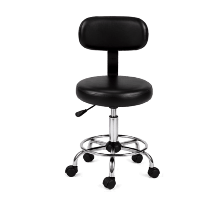 Black adjustable round stool with backrest and chrome base, front view